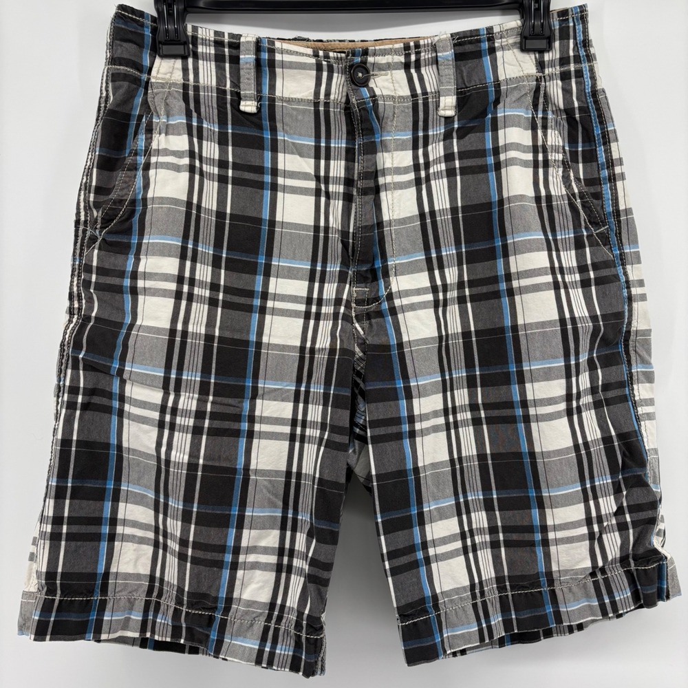 American Eagle Mens Plaid Shorts 32 Black Blue White Classic Length Cotton Y2K